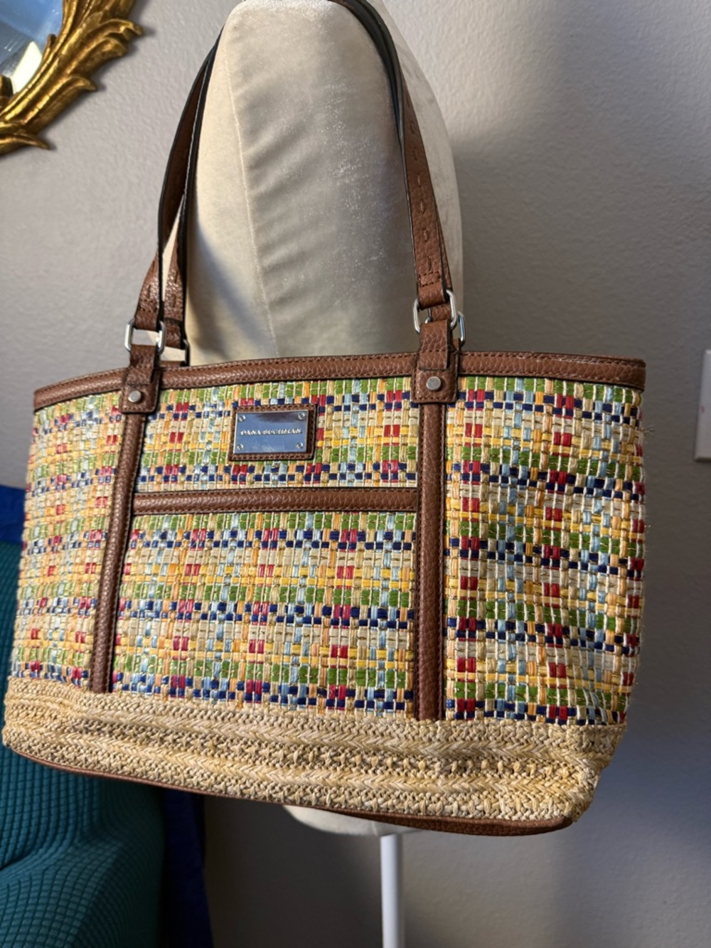 Dana Buchman Multicolor Woven Straw Tote with Brown Trim Bohemian Signed pre-LV
